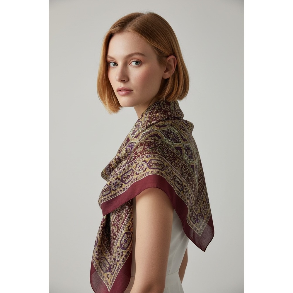 Square Scarf OS Burgundy Paisley Excellent Silky Quiet Luxury Dark Academia Boho